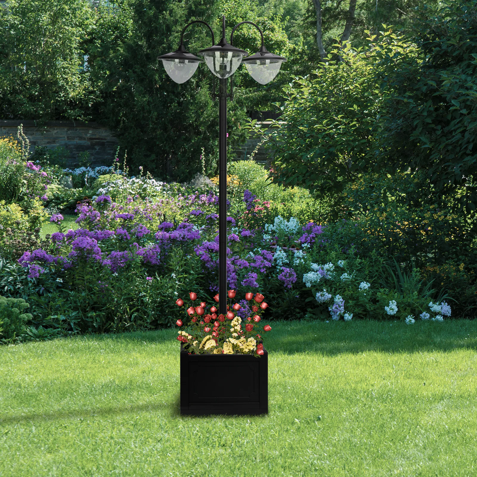 Outsunny Solar-Laterne mit Blumentopf schwarz 60 x 55 x 189 cm (LxBxH)