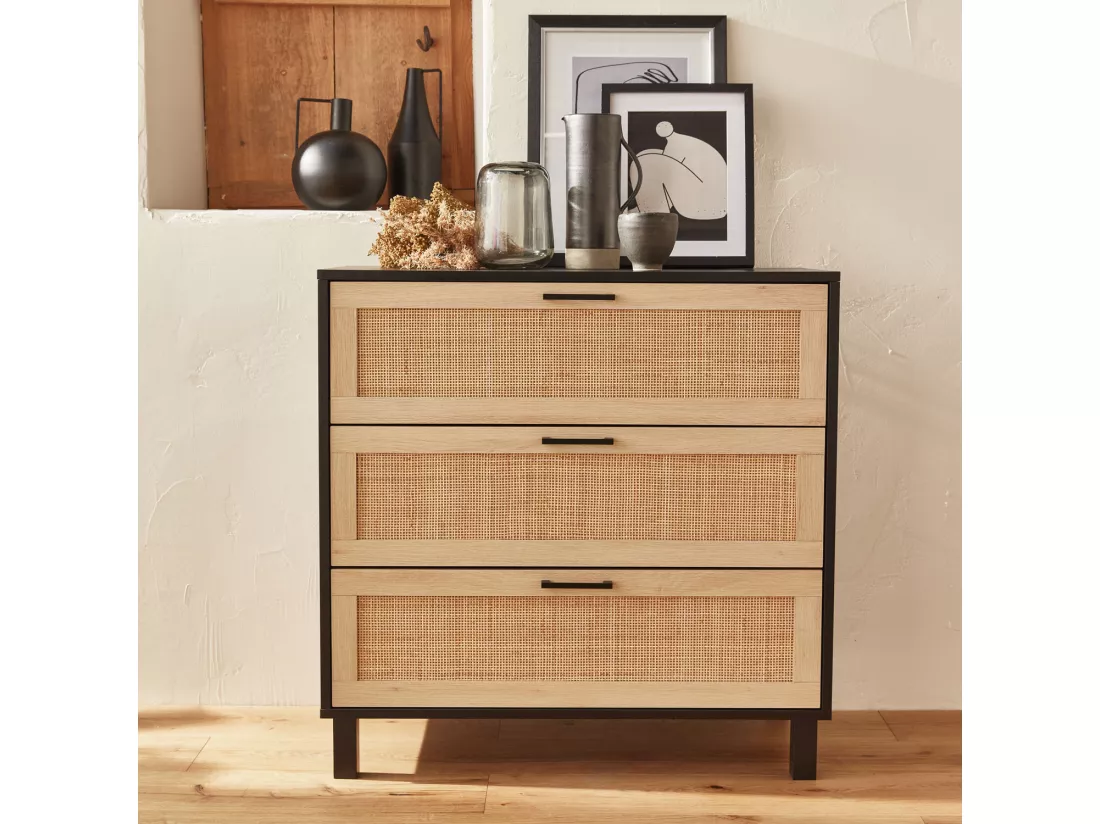 Commode noire et cannage 80 x 40 x 80cm - Bianca - 3 tiroirs
