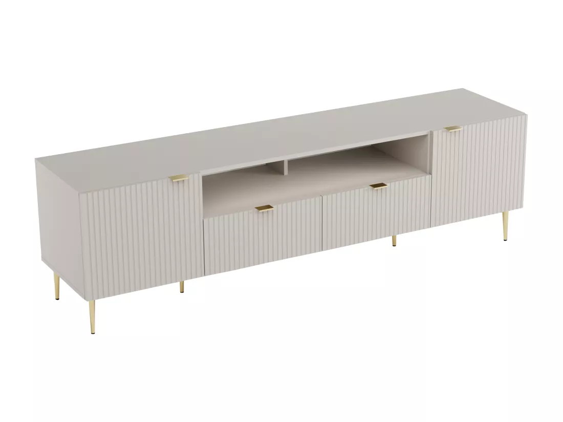 Meuble TV avec 2 portes, 2 tiroirs et 2 niches en MDF et acier - Beige et Doré - YESINIA
