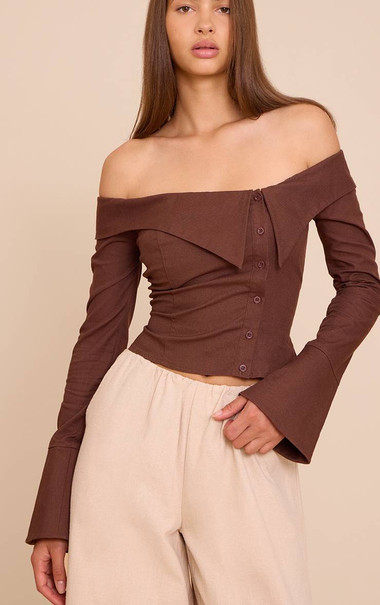 Chocolat Chemise Bardot En Lin À Boutons