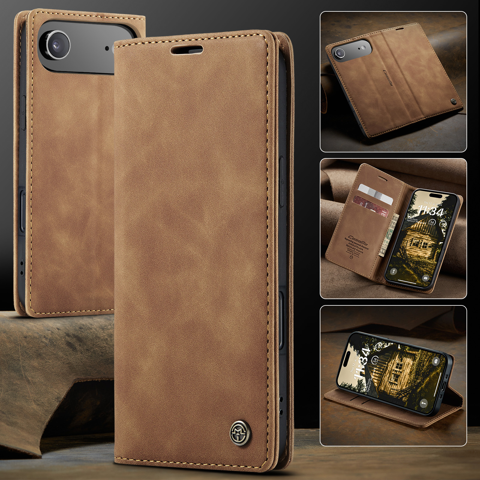 iPhone Air Leder Tasche Flip Wallet Etui mit Kartenfächern - Hellbraun