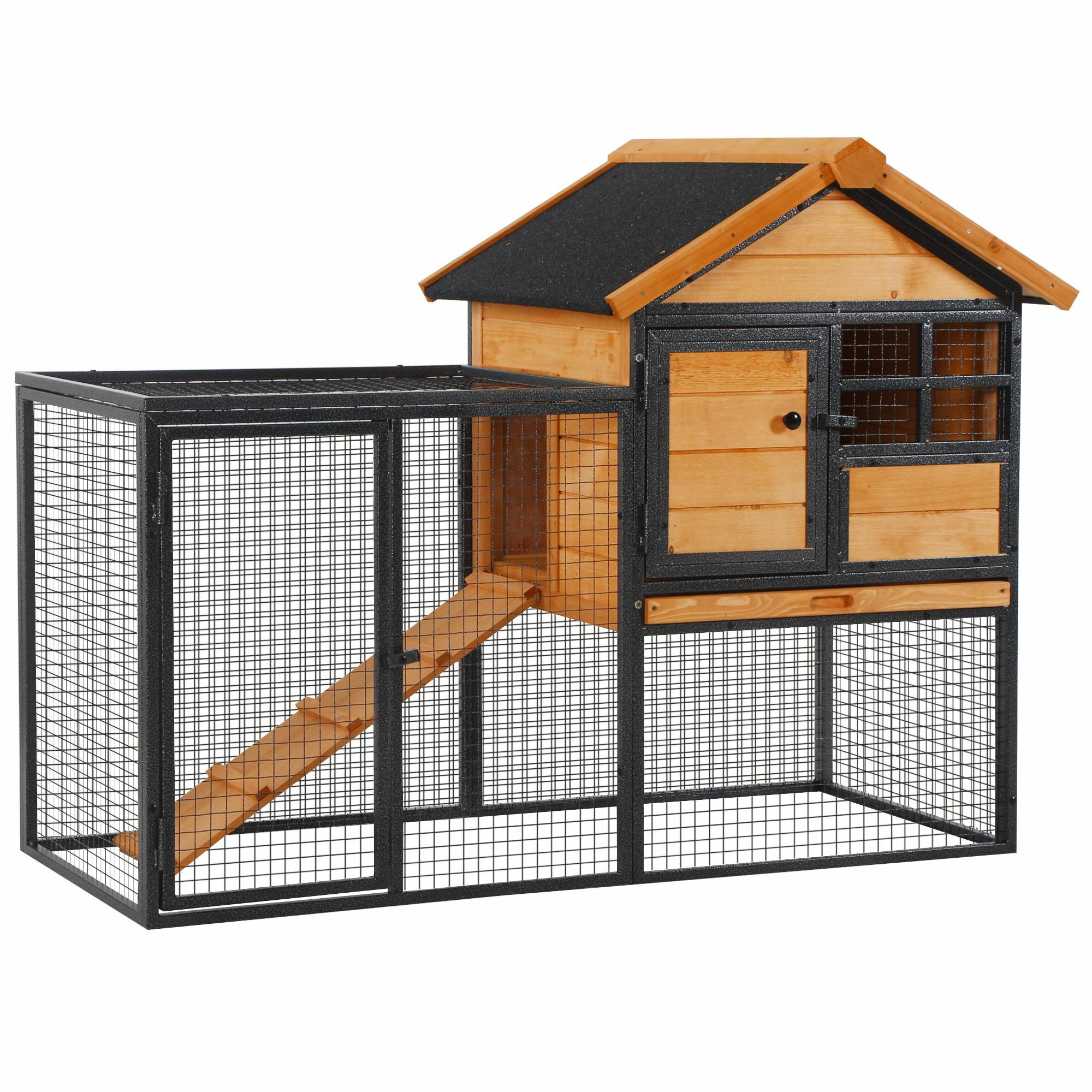 PawHut Kaninchenstall mit Auslauffläche Hellgelb, Schwarz 122 x 63 x 92 cm (BxTxH)