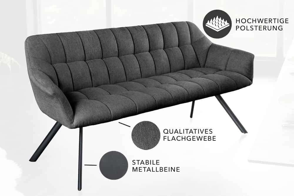 Esszimmer Sitzbank PAPILLON 165cm anthrazit Flachgewebe mit Lehnen schwarzes Metallgestell
