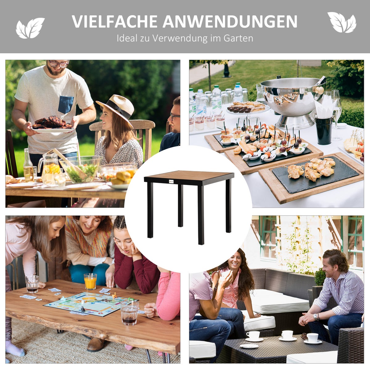 Outsunny tuintafel voor 4 personen, eettafel, 78 x 78 x 74 cm, kunststof, naturel+zwart