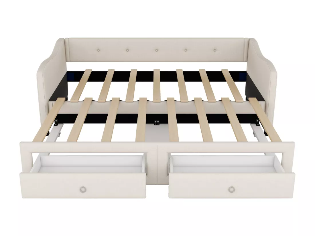 Lit gigogne 90/180 x 200 cm avec 2 tiroirs - tissu en lin - beige (sans matelas)