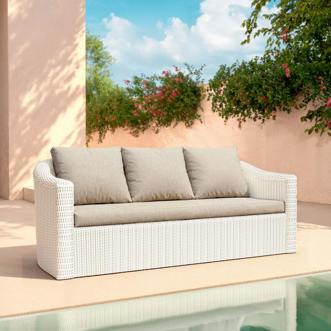 Salon de jardin en résine tressée 7 places 5 pcs Calvi Blanc et taupe