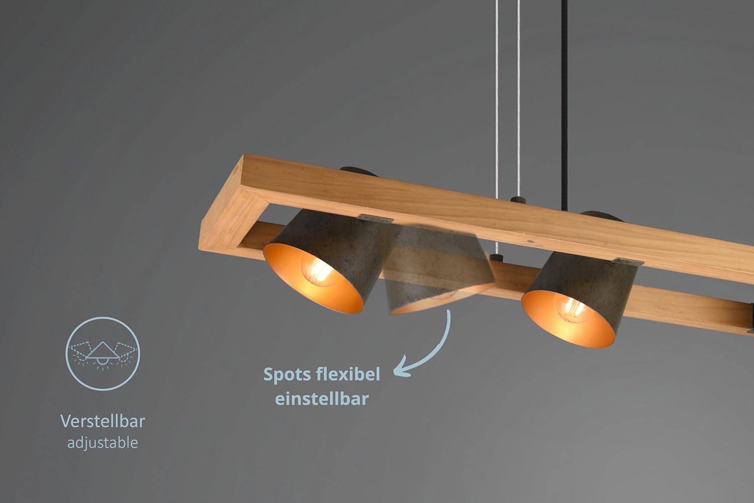 Pendelleuchte Ben, Hängelampe mit Schirm in Nickel Antik, Innenseite Gold, Hängeleuchte Esstisch mit Korpus aus Holz und Metall, exkl. 4 x E14 (max. 25W). Höhe: 150cm, Breite: 100cm