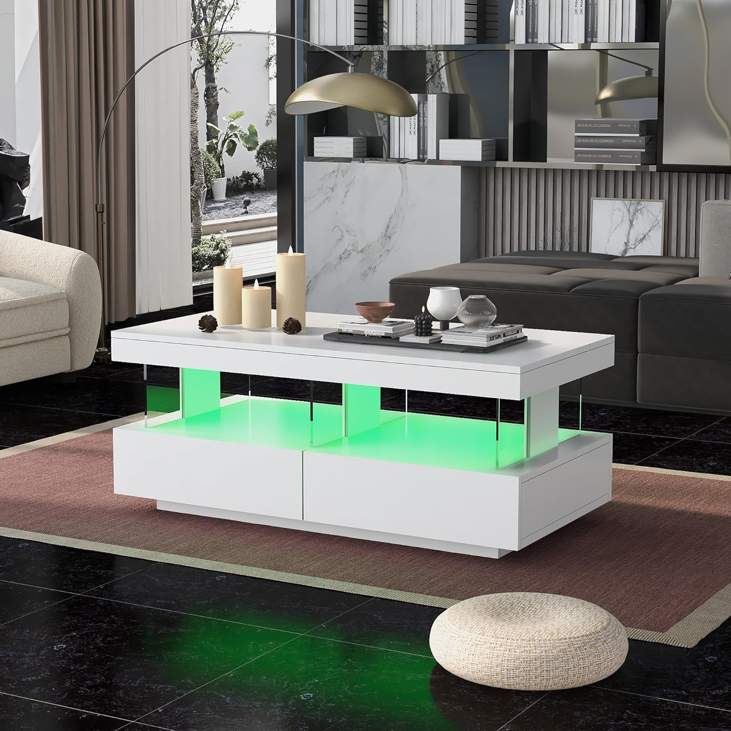 Merax Hochglanz Couchtisch mit LED-Beleuchtung und Acrylplatten – Moderner Sofatisch für Wohnzimmer – Langlebig, Kratzfest und praktisch Weiß