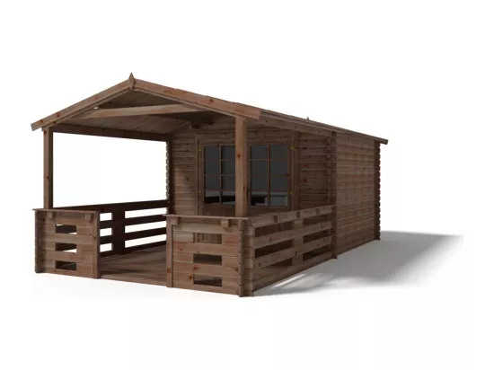 Abri de jardin en bois - 3x3 m + terrasse avec balustrade et avant-toit en bois - 18 m2 - Traité - DOM427+DOM539+DOM540+POD05 - ALTANKA