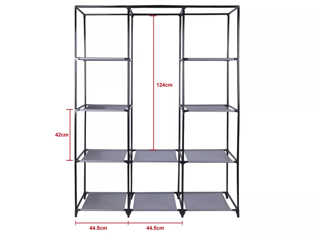 Garde-robe en tissu STEVEN structure en métal, 9 tablettes repositionnables pour 7 possibilités d'aménagement, coloris gris