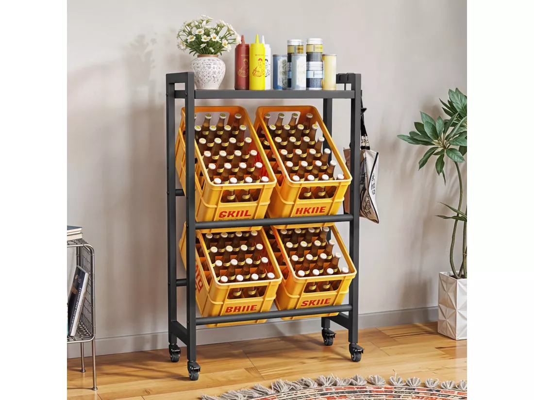 Support pour 6 caisses de Bouteilles YITAHOME - avec Roulettes - Noir - Étagère de Bouteilles - 75 x 90 x 32 cm