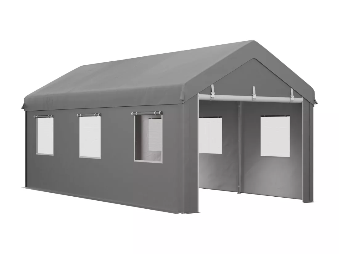 Tente garage carport dim. 6L x 2,95l x 2,78H m acier galvanisé PE haute densité 2 portes 6 fenêtres gris