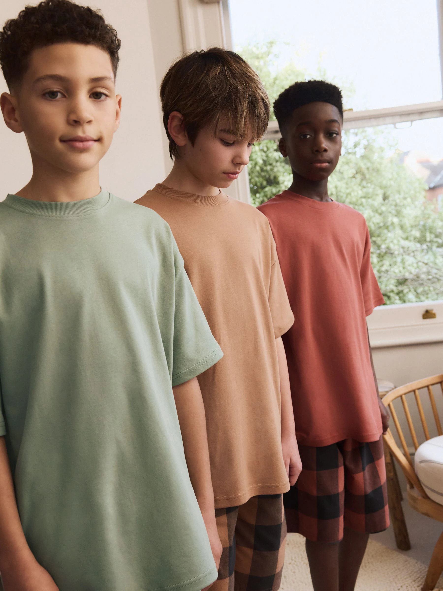 Groen/oranje - Set van 3 geweven geruite pyjama's (3-16 jr)