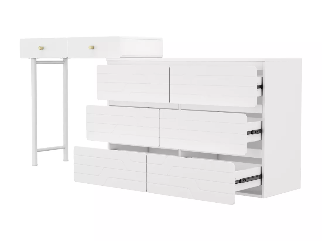 Coiffeuse,Commode 6 tiroirs,Trois niveaux, six tiroirs,Comprend des armoires latérales coulissantes,sans chaises ni miroirs,Blanc,180x40x85cm