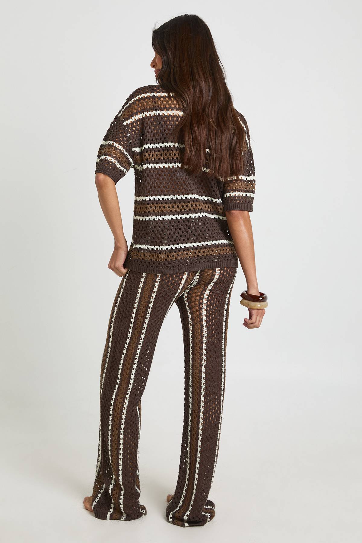 boohoo Ensemble Coordonné Chemise Boutonnée Et Pantalon Large À Rayures En Crochet Pour La Plage