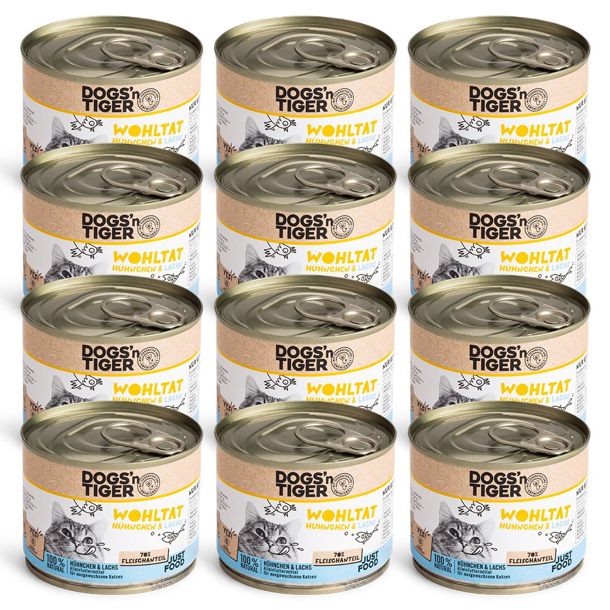 Dogs’n Tiger Adult Premium Katzenfutter, Wohltat, Katzen Nassfutter, Getreidefrei, Huhn & Lachs