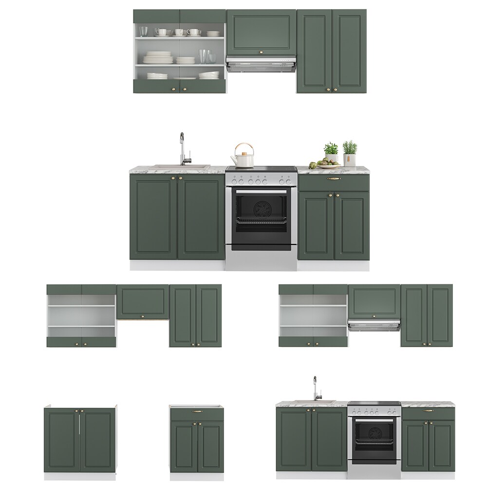 Vicco Küchenzeile Küchenblock Einbauküche Fame-Line Landhaus Weiß Grün Gold 200 cm Küchen Schränke Schubunterschrank Spülenunterschrank Hängeschrank Hängeglasschrank