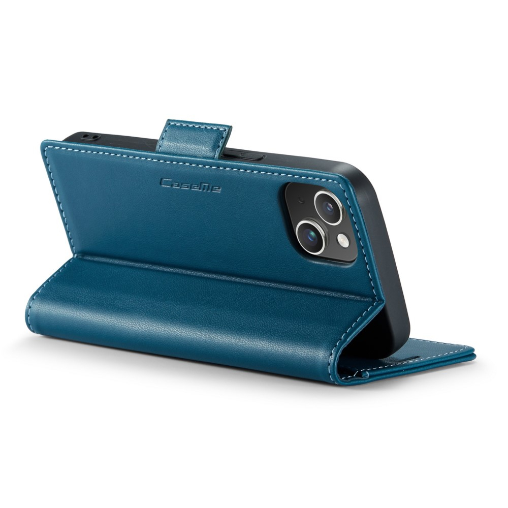 iPhone 14 Leder Tasche Flip Wallet Etui mit Kartenfächern Litchi Look (RFID Schutz) - Blaugrün