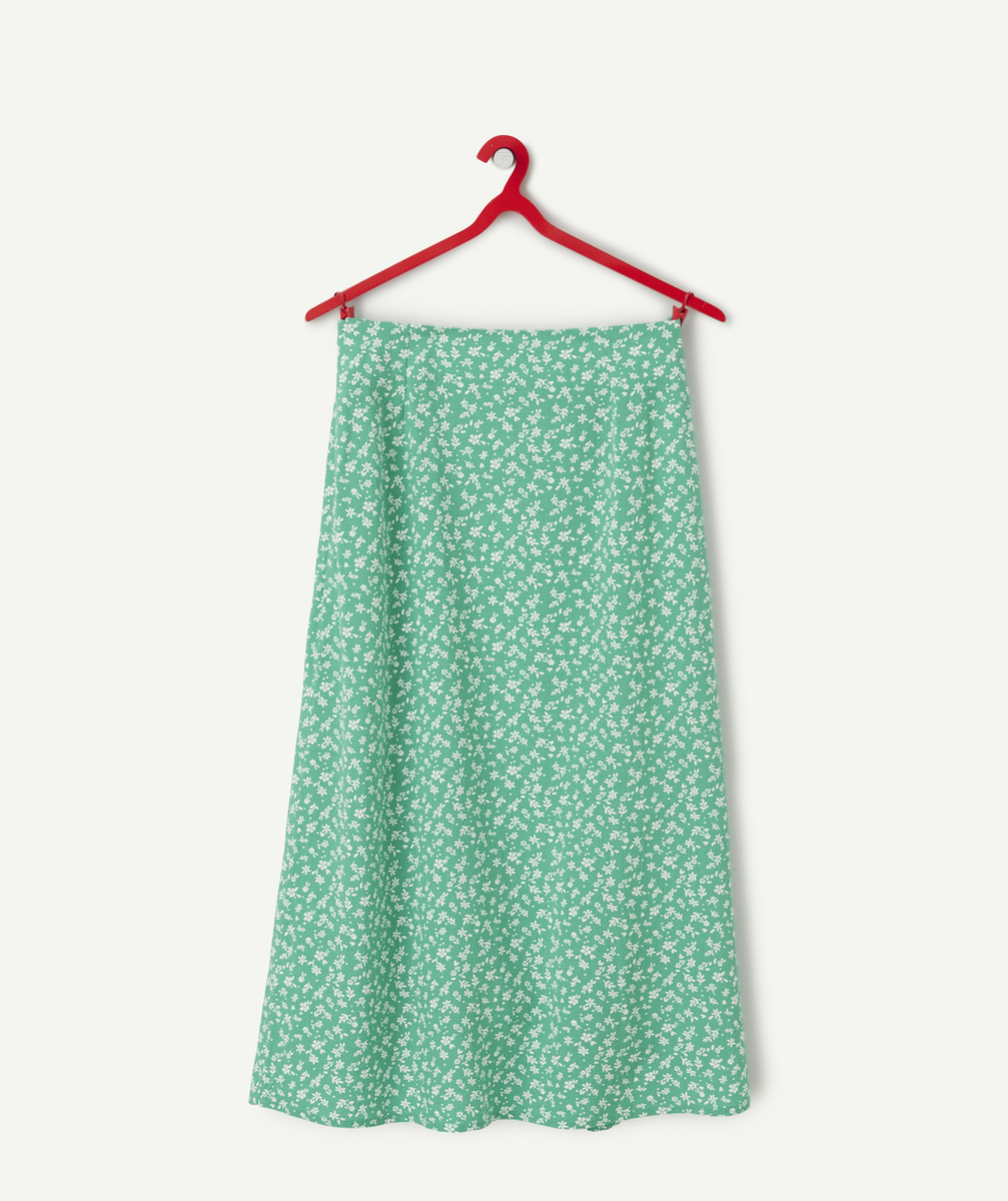 jupe mi-longue fille en viscose responsable verte imprimée à fleurs