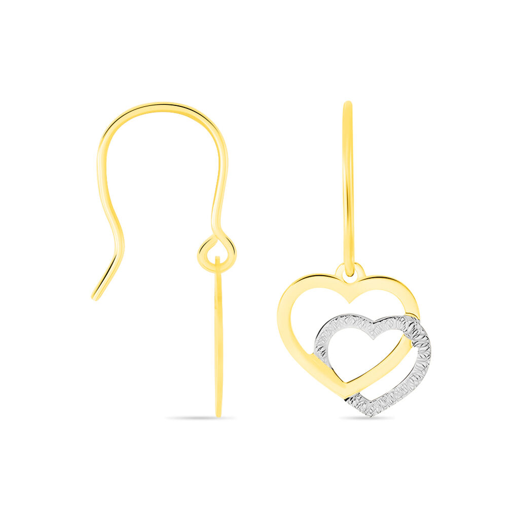 Boucles D'oreilles Pendantes Double Coeur Satines Or Bicolore