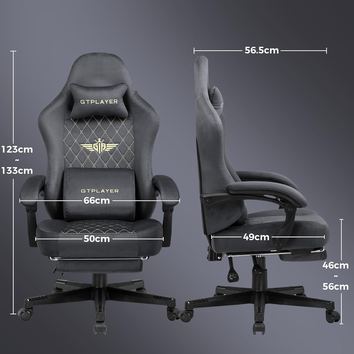GTPLAYER Gaming Stuhl Stoff Gaming Chair Ergonomisch Bürostuh PC Stuhl, 150kg Belastbarkeit, Verstellbarer und Drehbarer Schreibtischstuh mit Federsitzkissen und Fußstütze, Grau