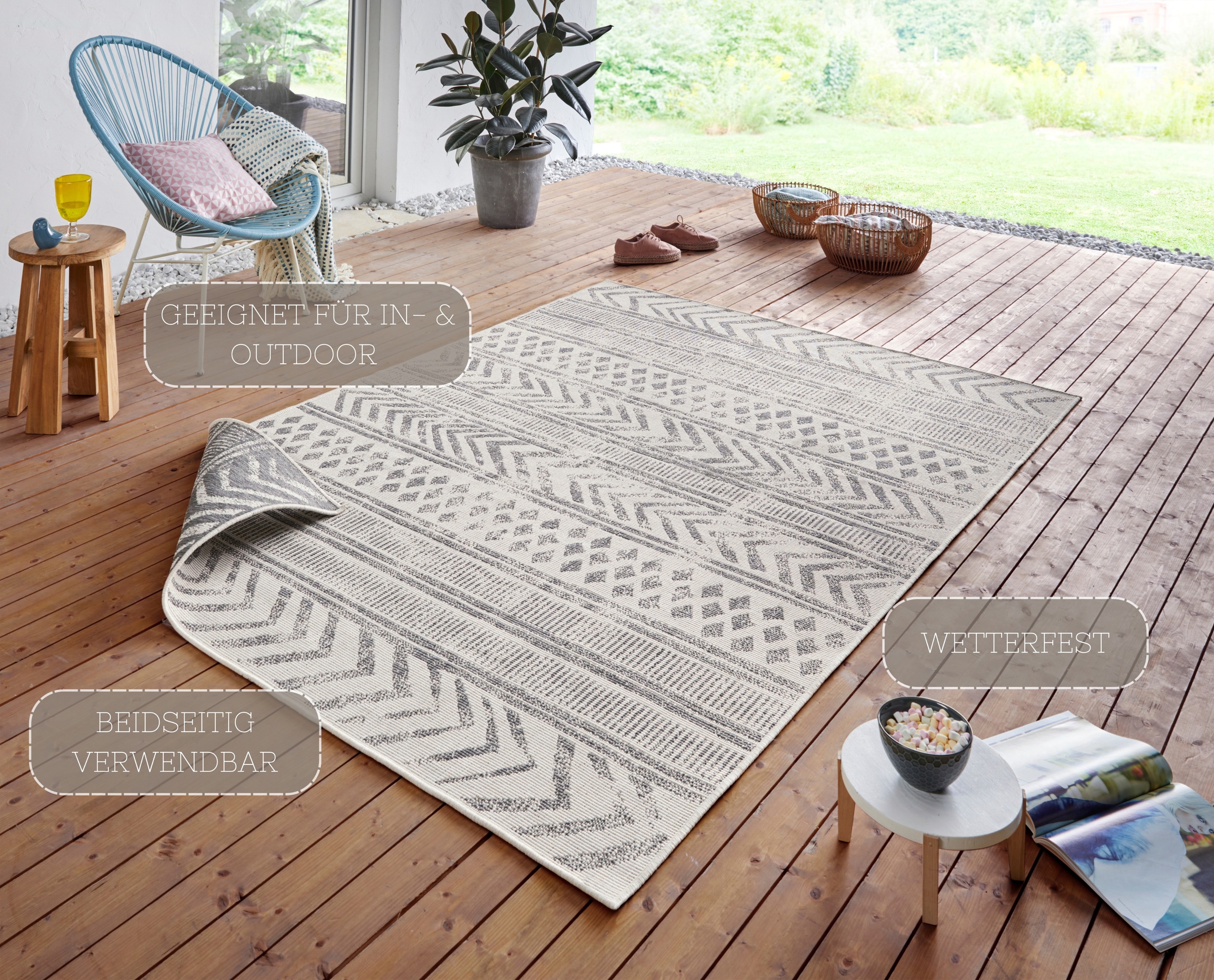 HANSE Home Teppich »BIRI Wendeteppich« rechteckig 5 mm Höhe In-& Outdoor, Wetterfest, Balkon, Läufer, Wohnzimmer, Wasserfest, Boho
