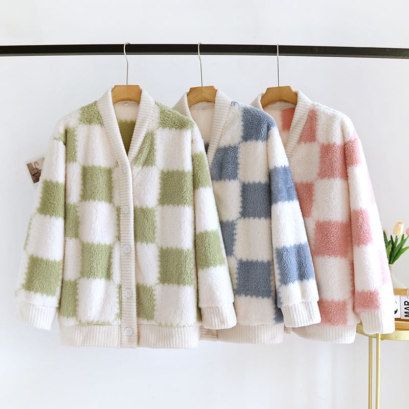 Somnus - V-hals geruite koraalfleece pyjamatop met knoopjes