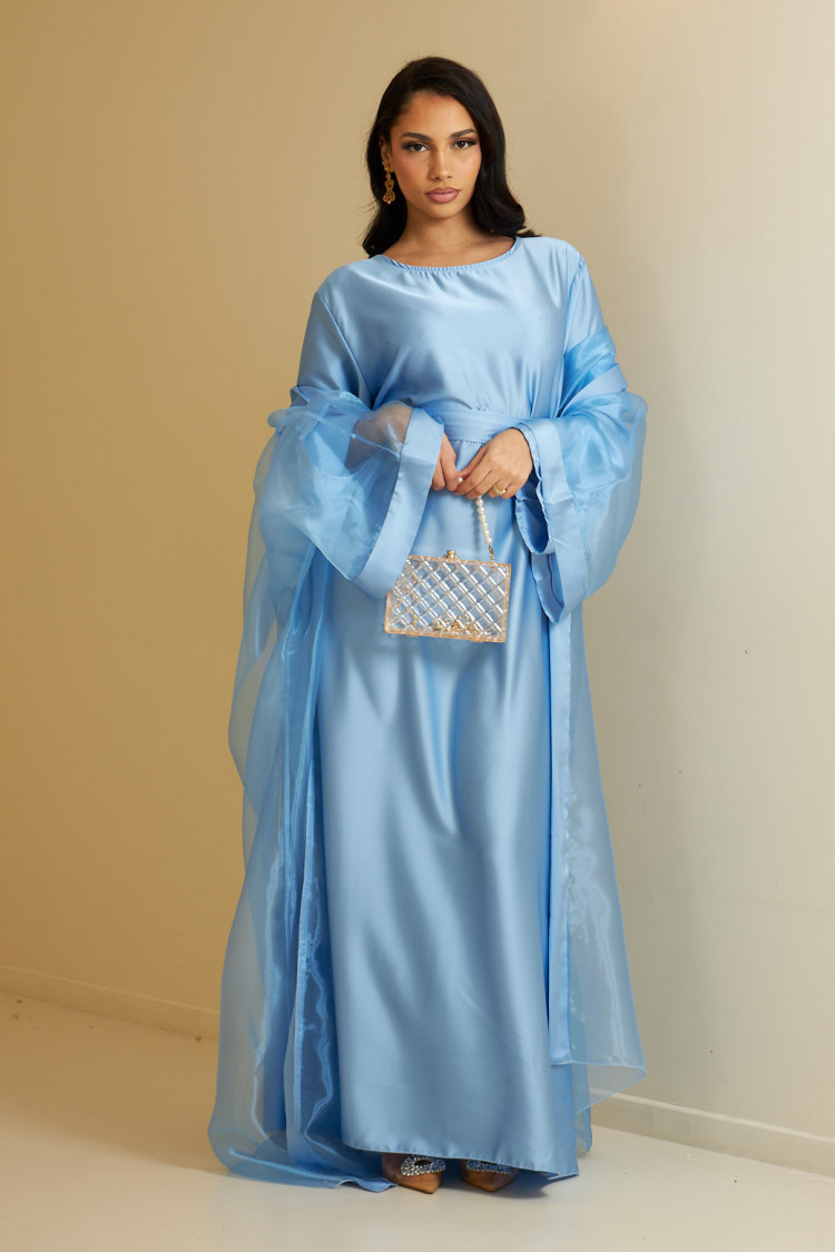 Ensemble 2 pièces abaya + kimono ceinturé bleu