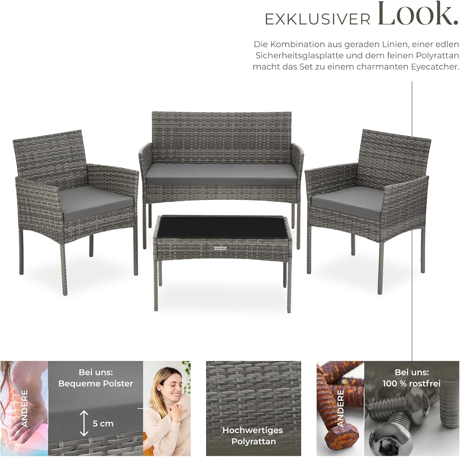tectake® Rattan Gartenmöbel Set, Outdoor Lounge Möbel,1x Gartenbank, 2X Stuhl, 1x Balkontisch, mit Outdoor Kissen wetterfest, Balkonmöbel Kleiner Balkon, Lounge Gartenmöbel, Terrassenmöbel - grau