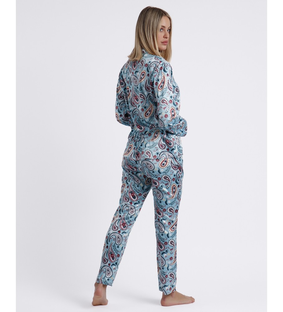 Pijama Admas de manga comprida aberto com estampa paisley azul-água