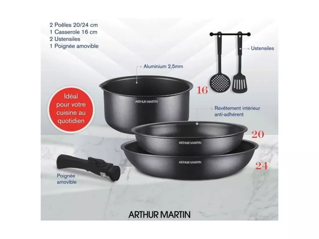 Batterie de cuisine - Tous feux dont induction - Arthur Martin - AM9582 - Aluminium - Anti-adhésif - 6 pieces - Poignée amovib