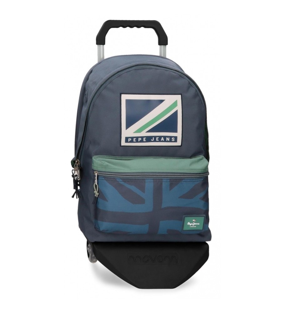 Mochila para laptop Pepe Jeans Tom com dois compartimentos e rodinhas, azul escuro.