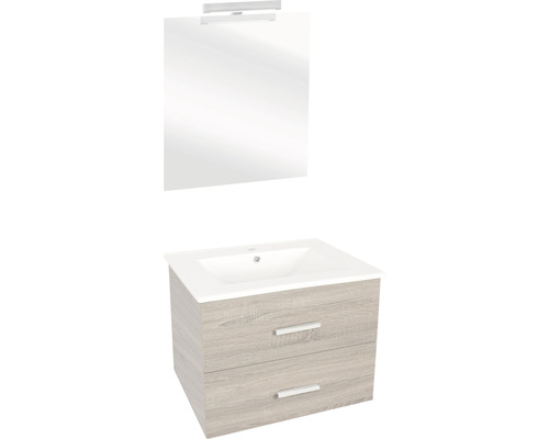 Badkamermeubelset Differnz Luka BxHxD 60 x 170 x 48 cm, frontkleur licht eiken, met witte keramische wastafel en wastafelspiegel met LED-verlichting, wastafelmeubel
