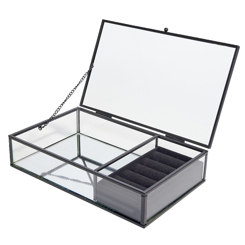 Boîte à bijoux métal et verre 23x14,5xH5cm (2 modèles doré ou noir)