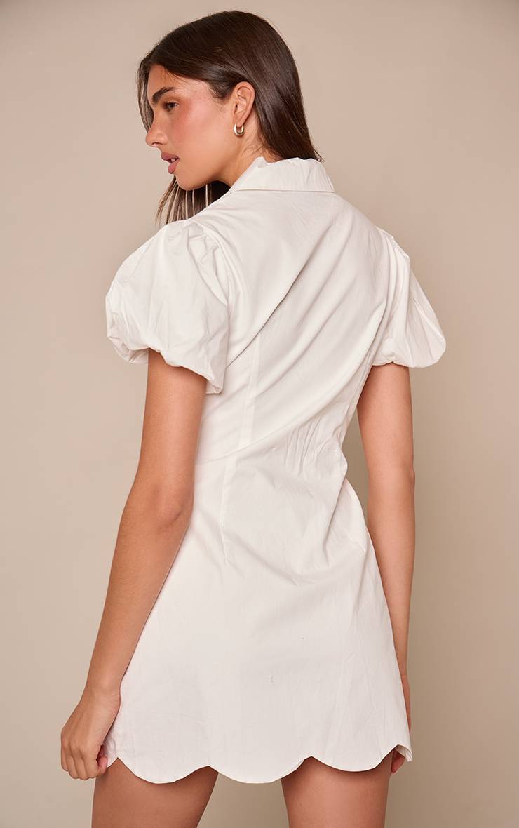 Blanc Robe Mini À Manches Bouffantes Et Boutonnage Devant