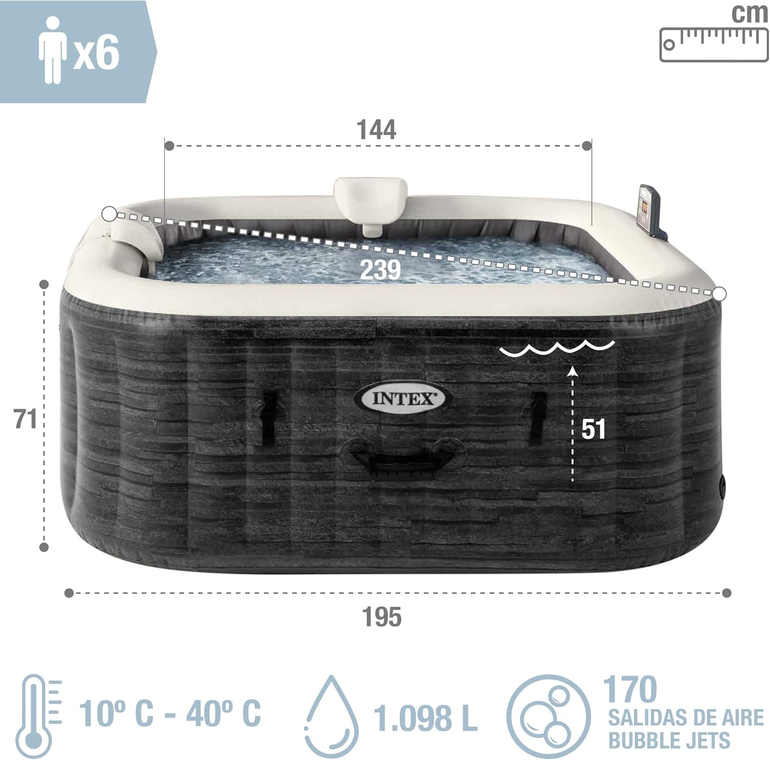 INTEX PureSpa Greywood Deluxe In- & Outdoor Whirlpool aufblasbar für 6 Personen 1098 L (196 x 71cm) Inkl. Wasserenthärtungs- & Salzwassersystem - 170 Massagedüsen - Heizung - APP Steuerung & LED