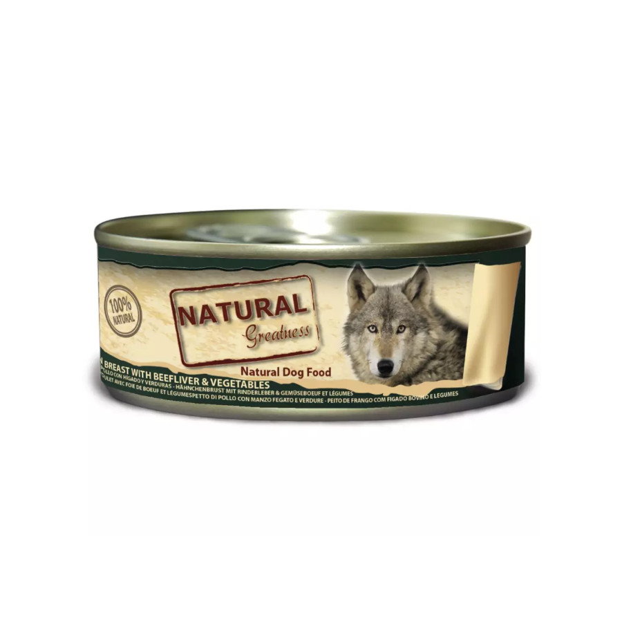 Ração Natural Greatness em lata, com peito de frango, fígado bovino e vegetais, para cães.