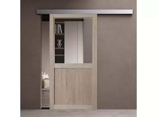 Porte Coulissante Atelier Placage Chene Vitree H204 X L83 + Rail Aluminium Bandeau Blanc Gd Menuiseries