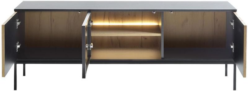 Vente-unique - OVILA - Tv-meubel - Zwart en naturel - MDF en Glas - 3 Deurtjes met Ledverlichting