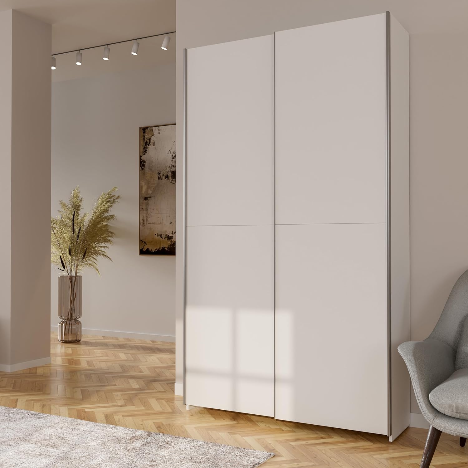 Forte Home Nook Mehrzweckschrank 120 40, moderner Schwebetürenschrank mit 2 Türen, Flur, Holzwerkstoff, Weiß, 120,1 cm breit x 210 cm hoch x 39,1 cm tief