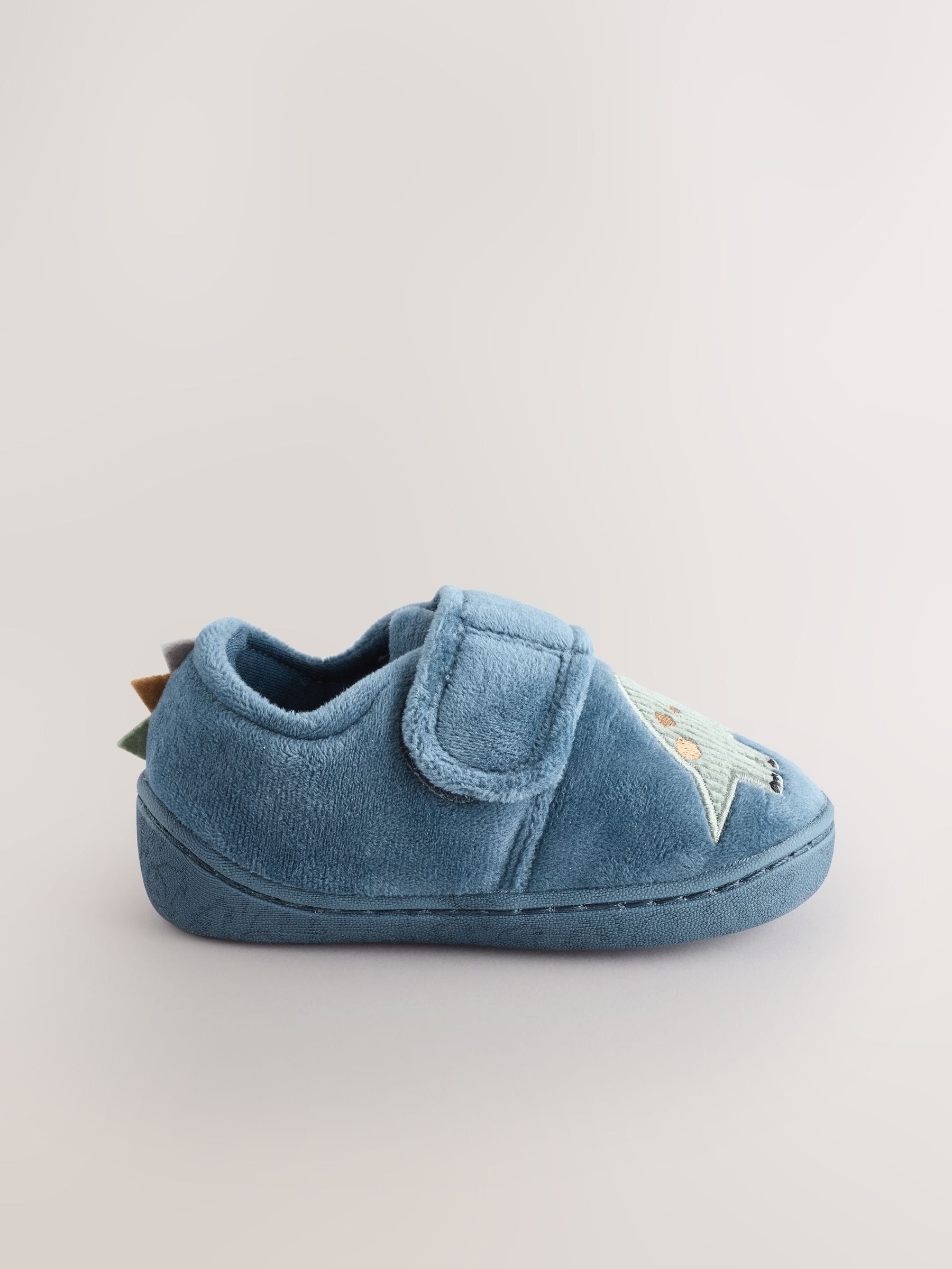 Blauw met dinosaurus - Warm gevoerde pantoffels met kuipzool