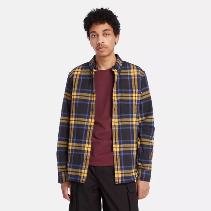 Camisa de flanela xadrez masculina em preto/azul/amarelo