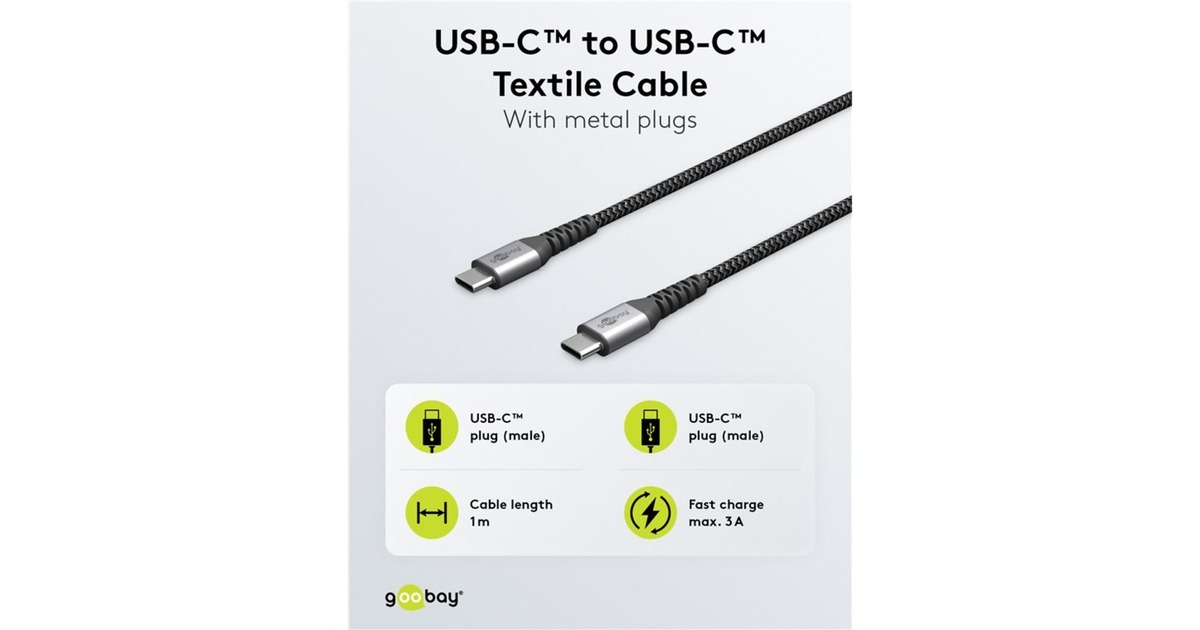 goobayUSB-C snellader Nano (65 W) en USB-C textielkabel  (Zwart, 1 meter)