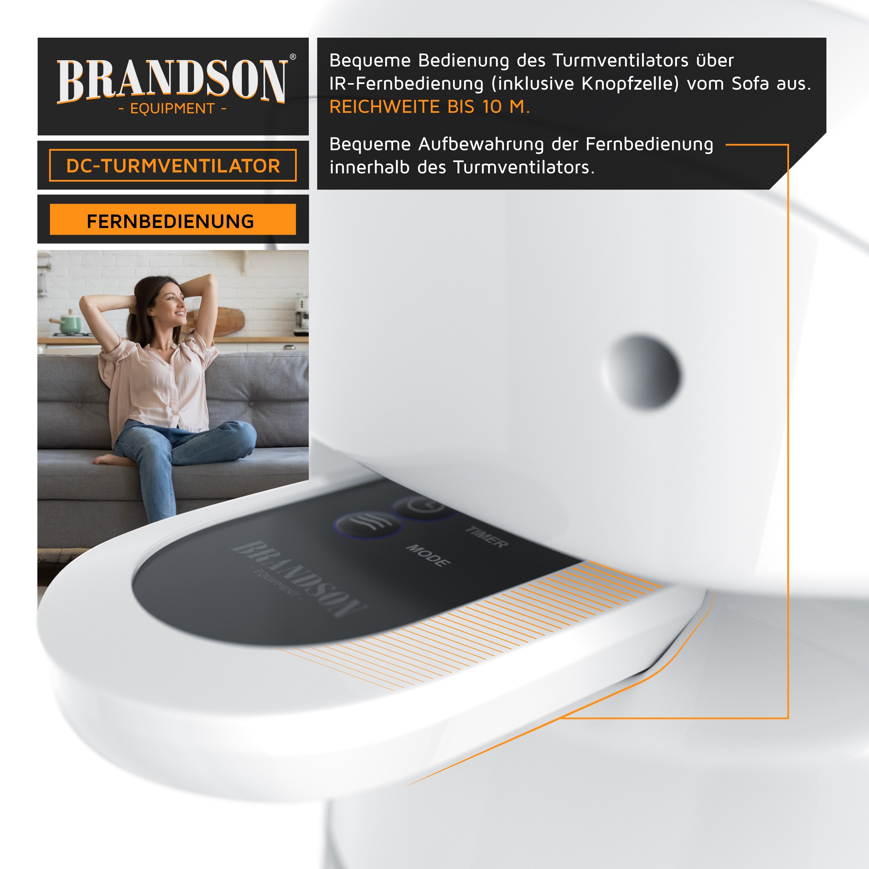 Brandson Turmventilator DC mit 9 Geschwindigkeitsstufen, Standventilor leise mit Fernbedienung, Säulenventilator mit Oszillation, Ventilator