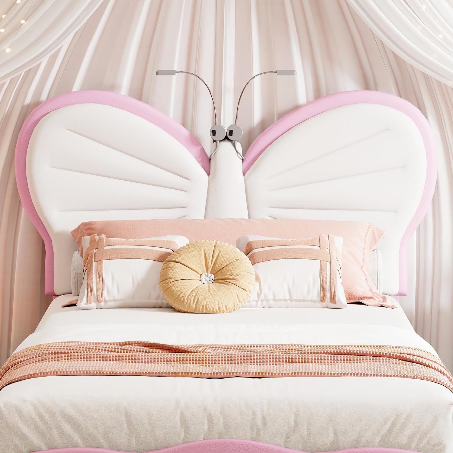 Kinderbett 90x200 cm, LED Einzelbett Gepolstertes Bett mit lattenrost für Mädchen, Polsterbett Jugendbett mit verstellbarem Kopfteil für Kinderzimmer, ohne Matratze (Rosa Schmetterling)