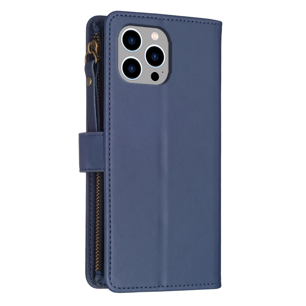 iPhone 15 Pro Max Leder Wallet Etui Tasche mit 9 Kartenfächern   Münzfach - Dunkelblau