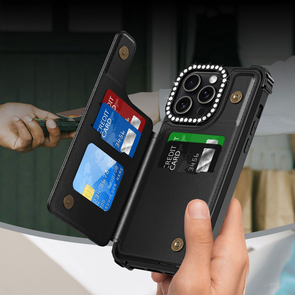 iPhone 15 Pro Leder Hülle mit Karten Portemonnaie   Aufstellfunktion   Glitzer Kameraschutz - Schwarz