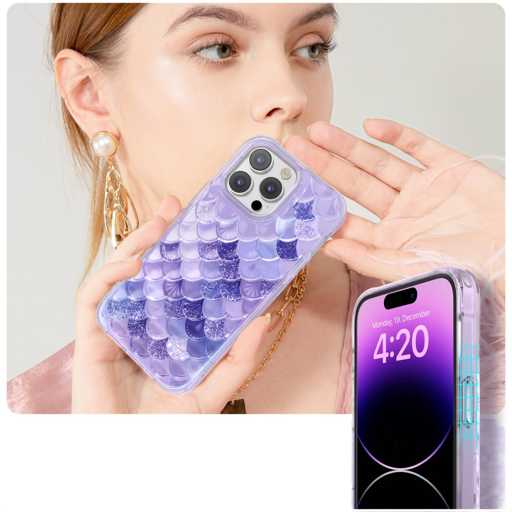 iPhone 14 Pro Max 3D Gummi Case Schutzhülle im Glitzer Meerjungfrau Mermaid Design - Lila / Transparent