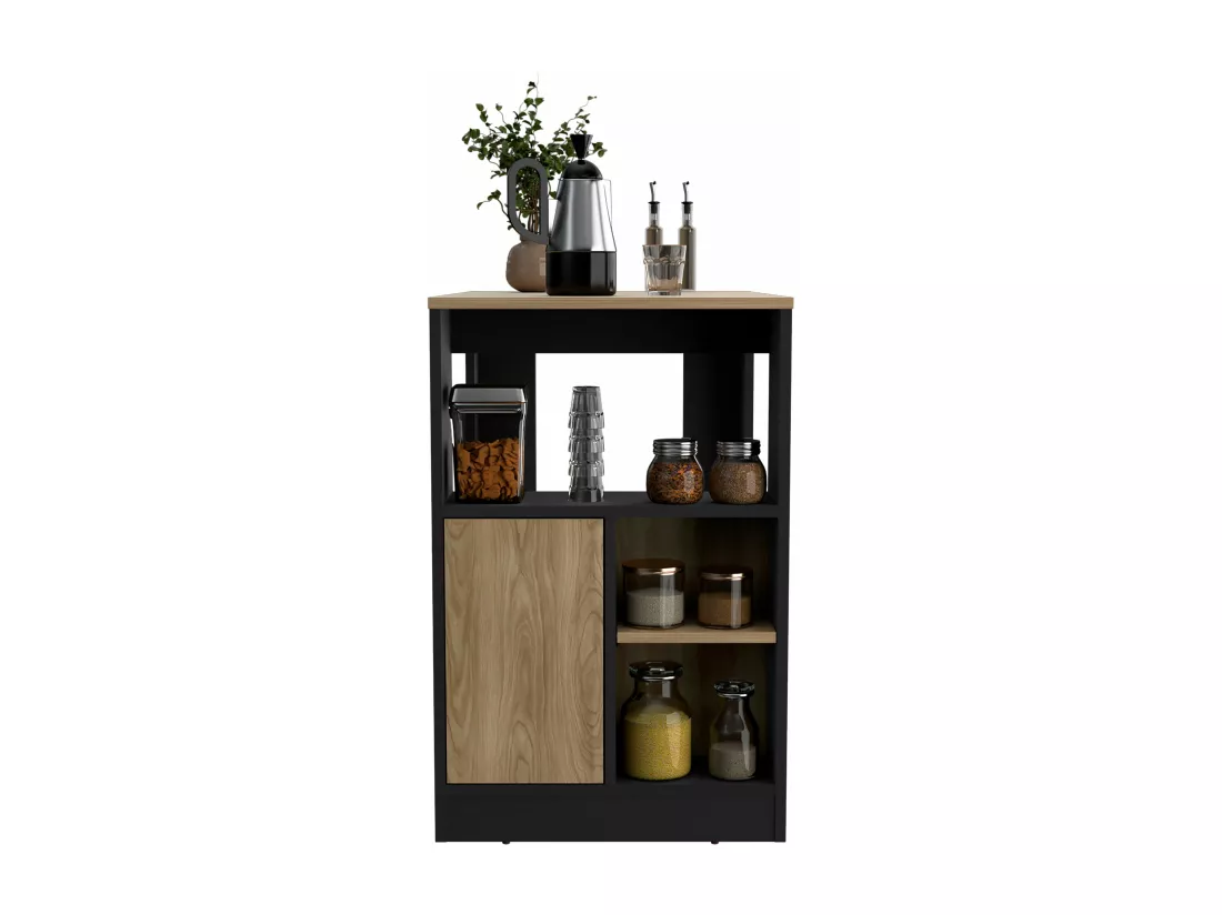 Ilot de cuisine Stirling en mélaminé avec 3 étagères et porte de rangement inférieure , Noir / Beige , 91.3 cm X 92 cm X 59 cm
