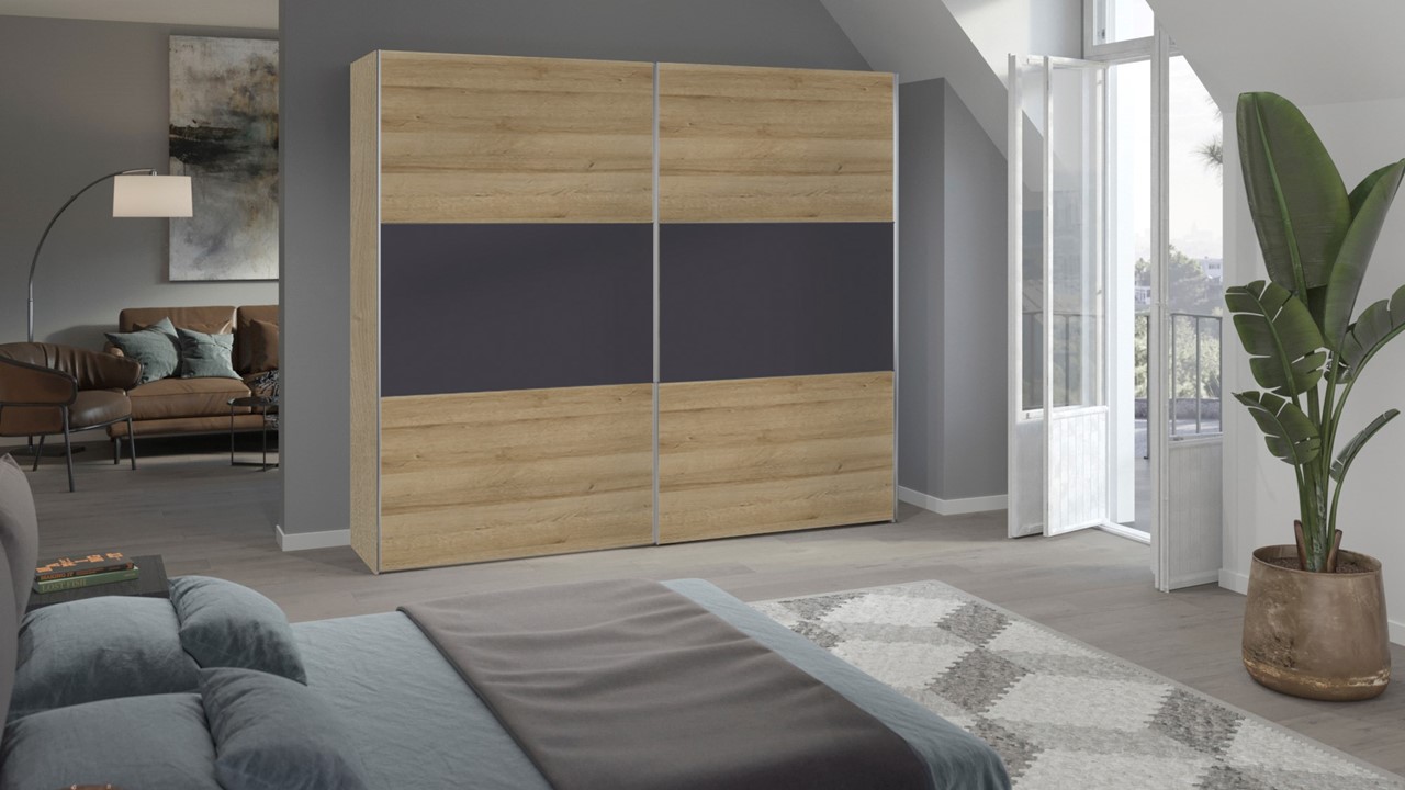 Schuifdeurkast Kixx met houten deuren eiken/antraciet/eiken